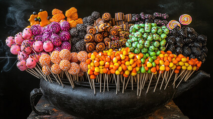 A colorful display of Halloween candies, with black, orange, and green candy corn, lollipops, and chocolates arranged in a witch's cauldron