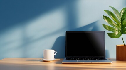 Fototapeta premium Modern Laptop with Bright Screen and Green Plant