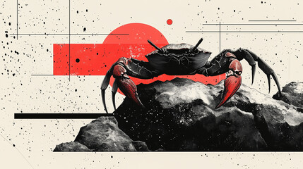 Graphic design featuring a crab. Geometric shapes and lines in warm tones.
