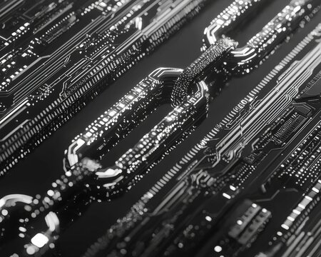 Abstract futuristic chain with intricate details and a dark background. Perfect for technology, security, or connection themes.