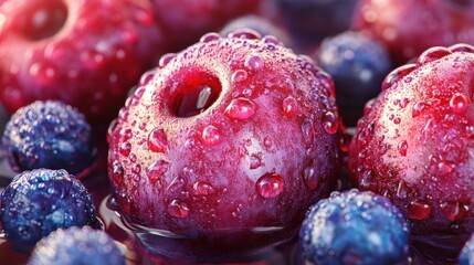 Fresh berries glistening with droplets in a vibrant summer setting, showcasing nature\'s colorful bounty and irresistible textures