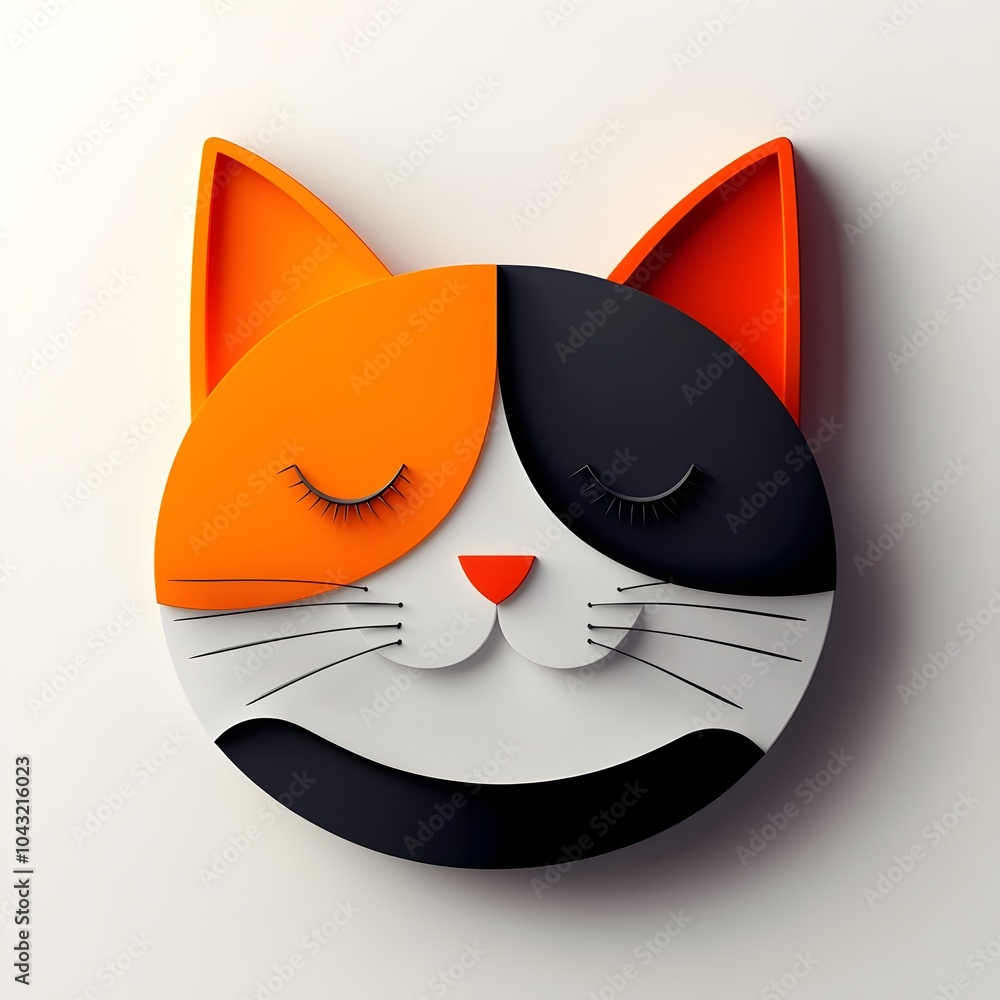 Poster adorable and whimsical cartoon icon of a sleeping cat or puppy character snuggled up on a bright pri
