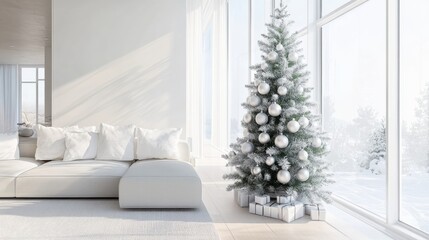 A modern, minimalist Christmas tree decorated with white and silver ornaments, standing in a stylish living room with large windows and soft winter light streaming in