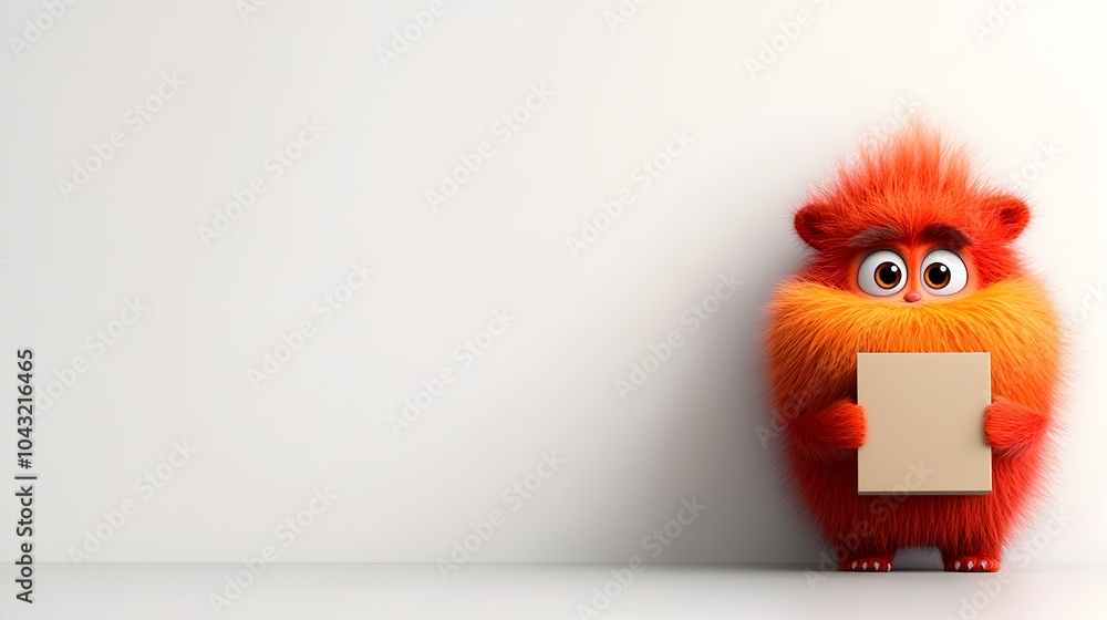 Poster endearing 3d rendered animated character grasping a plain cardboard package with a warm and friendly