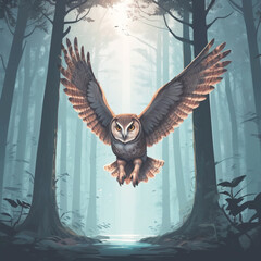 Flying owl in a jungle