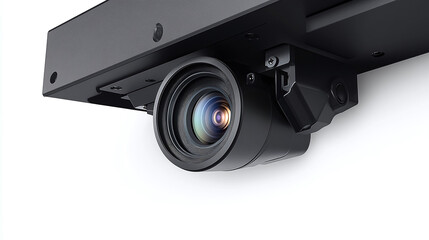 High-quality digital projector with lens close-up on a white background, ideal for business presentations and home theater setups.