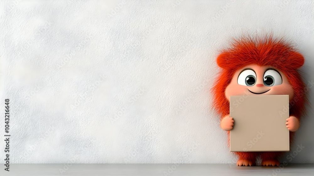 Poster endearing and whimsical animated character grasping a plain cardboard package with a warm friendly e