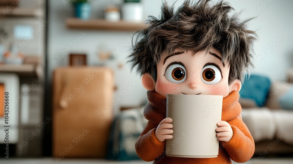 Poster endearing animated character holding a plain cardboard container with a cheerful personality express