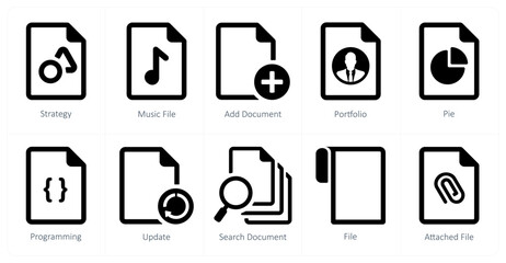 A set of 10 File icons as strategy, music file, add document