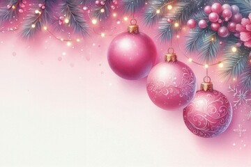 Obraz premium Weihnachtskugeln in Trendfarbe Transcendent Pink, verziert mit Tannenzweigen, Beeren und Lichtern, vor einem pastellfarbenen Hintergrund. Festliche Atmosphäre. Mit Textfreiraum. Generative KI.