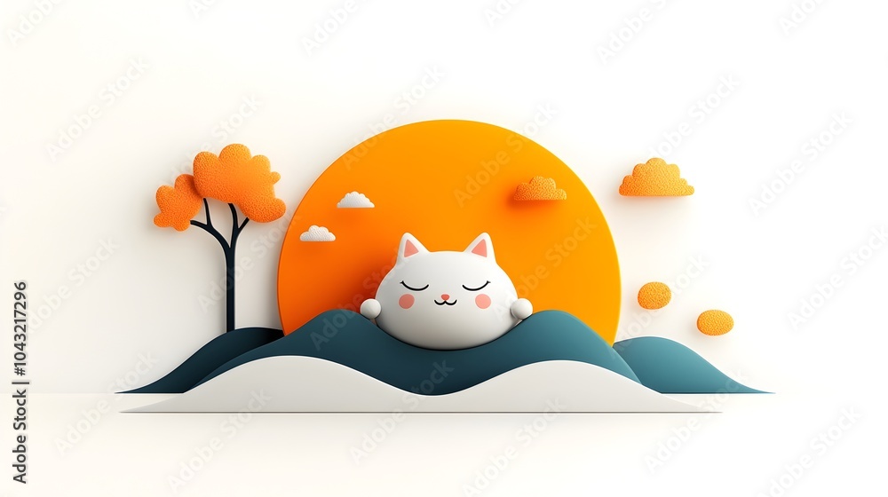Poster Cheerful and Endearing Cartoon Character Resting Peacefully on a Minimalist White Background with Rounded Forms Dynamic Linework and a Warm Inviting Style   Perfect for Kids  Apps and Book