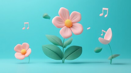 Obraz premium 3D Render of Pink Flowers and Music Notes on a Blue Background.