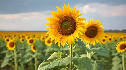 Fototapeta premium Sunflower field in cloudy blue sky and Sunflower field
