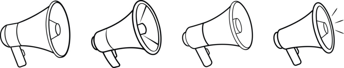 A black and white illustration of four megaphones drawn by hand. Each megaphone is positioned differently, showing the speaker facing the viewer, the speaker facing away from the viewer, and the speak