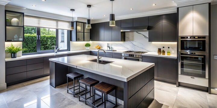 High angle modern kitchen with black furniture, white marble worktop, and backsplash