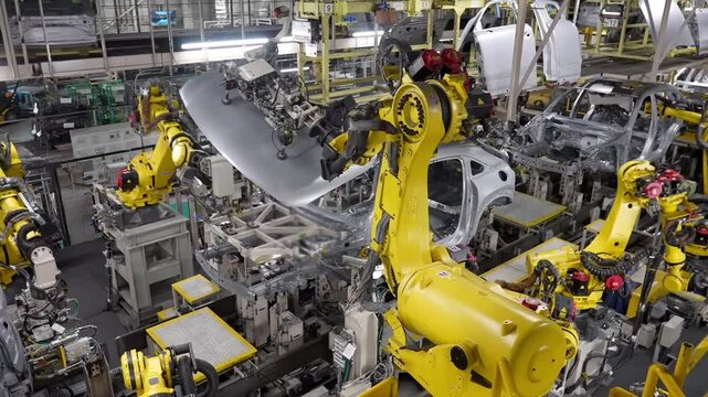 Autonomous Factory with Robotic Arms Autonomously Assembling Car Frames Factory.