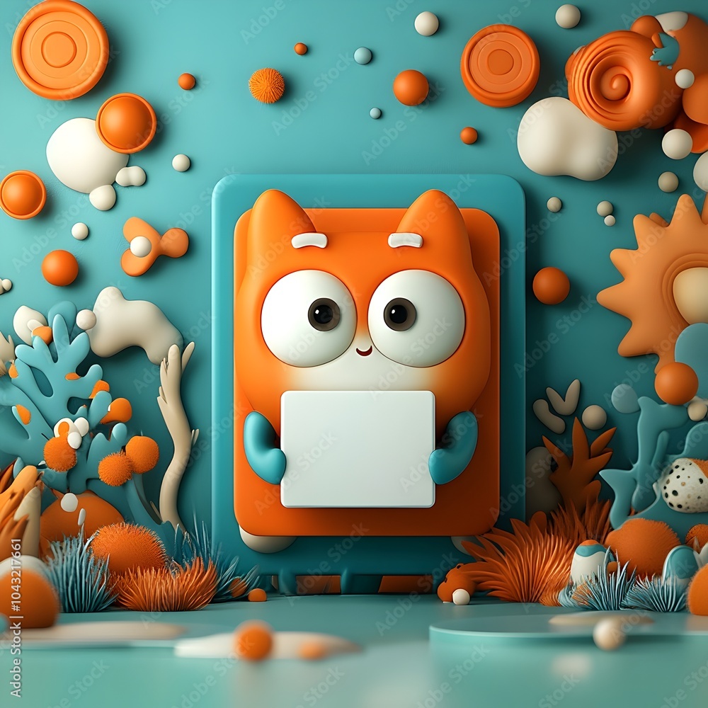 Poster captivating 3d rendered cartoon character grasping a plain square package with whimsical and endeari