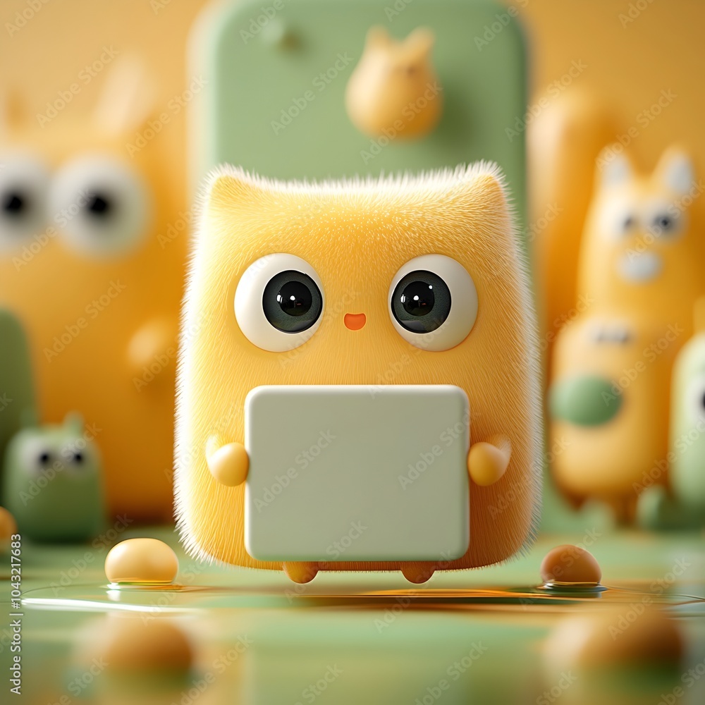 Poster charming 3d rendered cartoon character grasping a captivating plain square package with a whimsical 