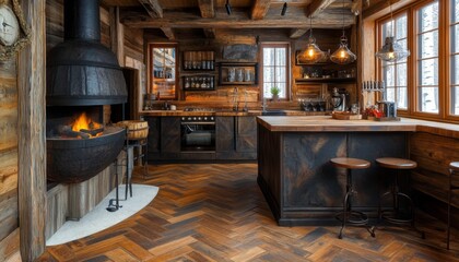 Rustic kitchen with a large fireplace and wooden cabinetry.