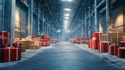 Warehouse filled with holiday packages, representing the peak season in logistics and distribution.