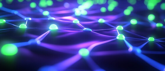 Obraz premium Abstract glowing network with blue and green nodes.