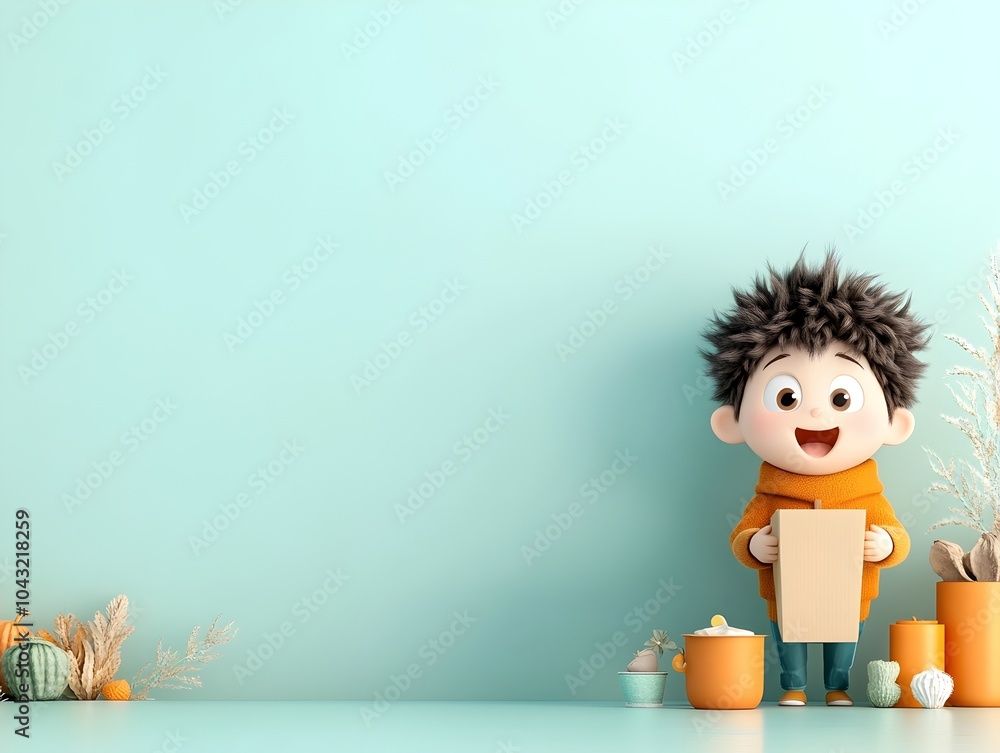 Poster a whimsical 3d rendered image depicting a lovable animated figure gripping a simple cardboard contai