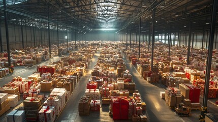 Warehouse filled with holiday packages, representing the peak season in logistics and distribution.