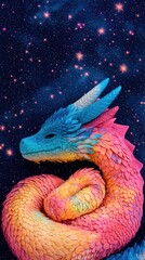 Fototapeta premium A vibrant, colorful dragon coiled in a starry night sky, showcasing intricate scales and a majestic presence, evoking fantasy and imagination.