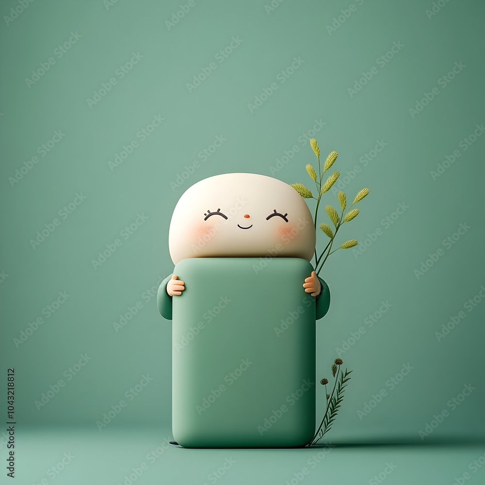 Poster cheerful comical and endearing animated figure tenderly embracing a basic unadorned rectangular cont