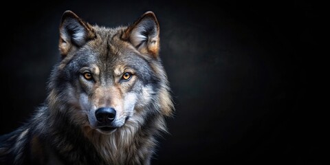 High angle photograph of a fierce wolf in a dark backdrop, suitable for framing