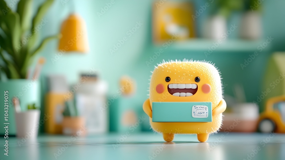 Poster cheerful and expressive anthropomorphized cartoon figure holding a simple rectangular package render
