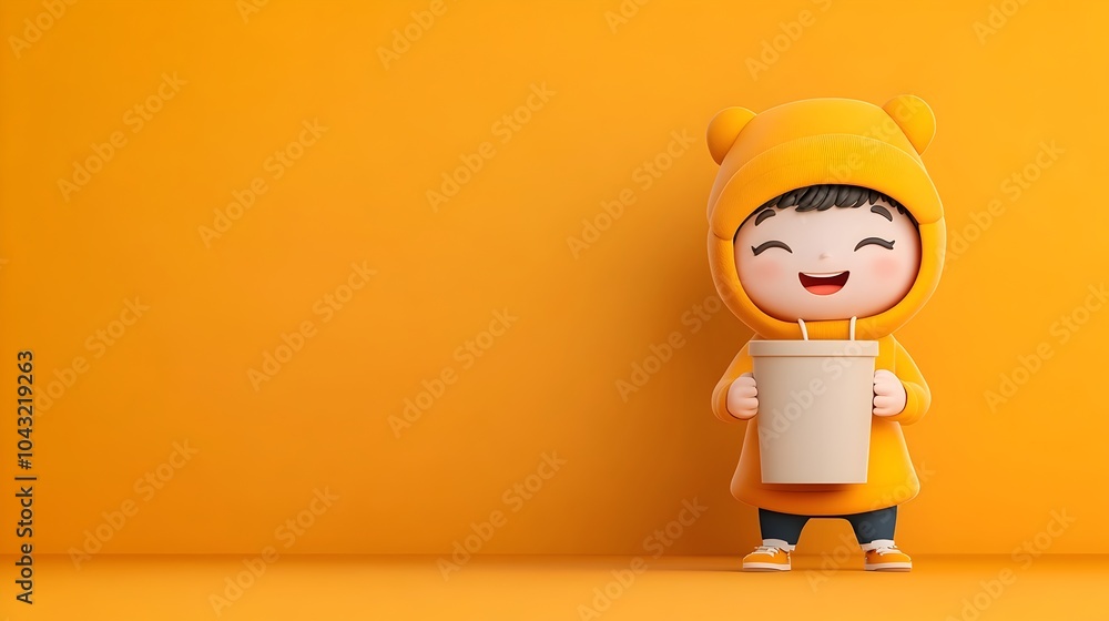 Poster cheerful and playful cartoon character clutching a plain cardboard container in a dynamic vibrant po