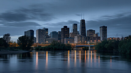 Obraz premium serene night scene showcasing city skyline reflected in calm river, with illuminated buildings creating tranquil atmosphere