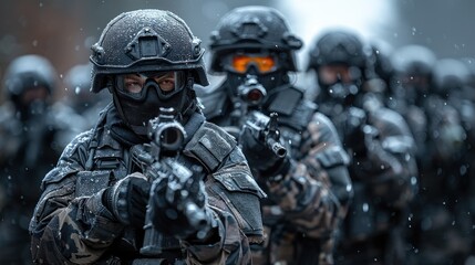 Fototapeta premium Tactical personnel conduct a precision drill in a snowy urban environment, showcasing teamwork and focus during intense training. Generative AI