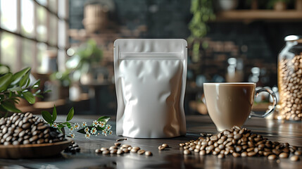 coffee cup and beans on wooden table Generated AI