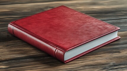 Closed red hardcover book on a wooden surface.