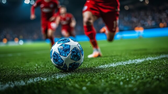 In a thrilling match under the stadium lights, players wearing red uniforms rush towards a Champions League soccer ball resting on the lush green pitch, capturing the intensity of the game. - Powered by Adobe