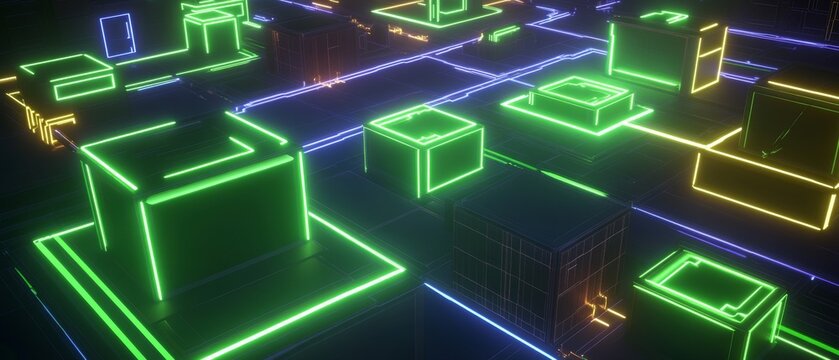 Abstract neon light grid with glowing cubes and lines.