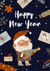 New Years poster. A gnome holding a Christmas tree. Santa Claus.