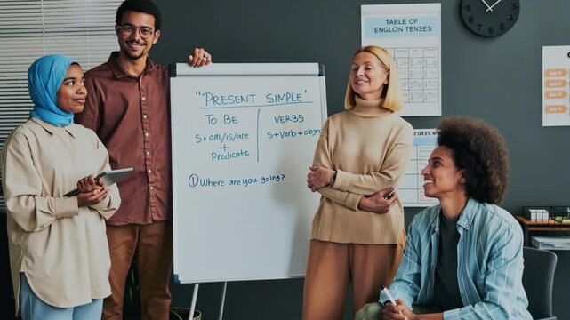 AI generated group portrait of ethnically diverse immigrant students and teacher posing by whiteboard with Present Simple rules in language school and smiling, looking at camera