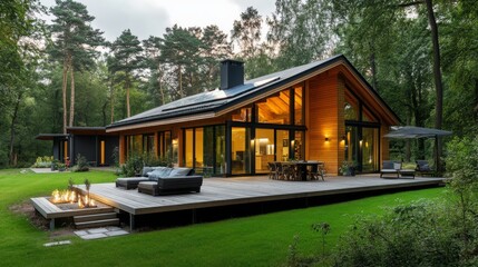 Modern Forest Home: Luxurious Lakeside Cabin with expansive windows, wooden beams, and a spacious deck overlooking a serene forest. Perfect for architecture, real estate, and lifestyle publications. 