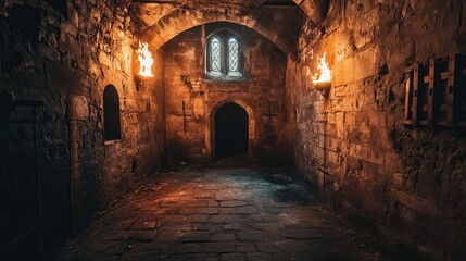 Creepy medieval dungeon with stone walls and fire torches casting eerie light in the cold, damp room. Mysterious atmosphere.