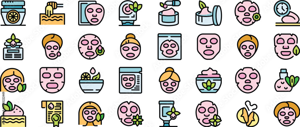 Poster beauty face mask applying icons set. outline set of beauty face mask applying vector icons for web d