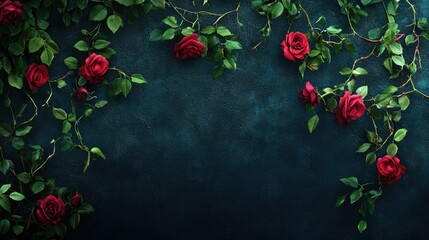 Dark textured background for a wide banner, with bright, vibrant roses growing on vines and ivy, creating a rich, romantic mood.