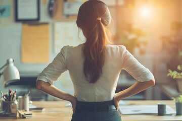 Close-up woman massaging her lower back has back pain because of sitting posture during work in office, Generative AI