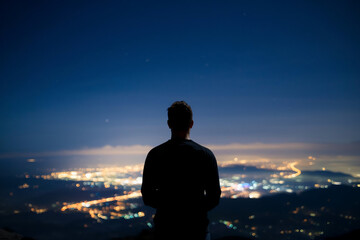 Fototapeta premium silhouette of a man standing on a mountain at night
