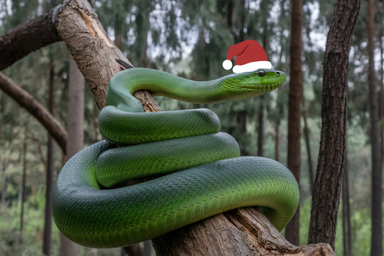 green snake on a tree and raised its head in a Christmas hat