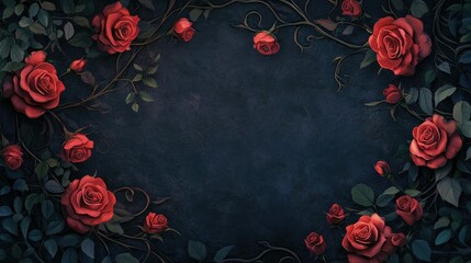 Dark textured wide banner with vibrant roses growing on vines and ivy, creating a romantic, gothic atmosphere.
