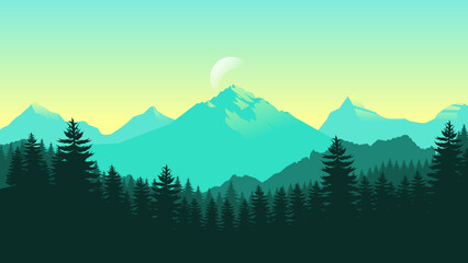 Green mountain landscape wallpaper in a minimalist flat design style. Minimalist beauty background for desktop and wallpaper