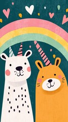 A whimsical illustration of a unicorn polar bear and a unicorn orange rabbit with a colorful rainbow and hearts in the background.